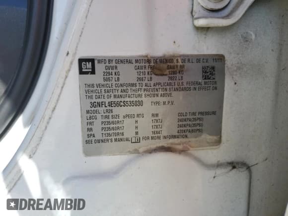 ✅ 2012 Chevrolet Captiva Sport LTZ • VIN: 3GNFL4E56CS535030 • Lot: 57881715. Wystawiony na Copart z przebiegiem 125 908 mil. Bezpłatny archiwum sprzedaży aukcyjnych z USA i szczegółowy raport historii pojazdu na DreamBid. Zdjęcie 13.