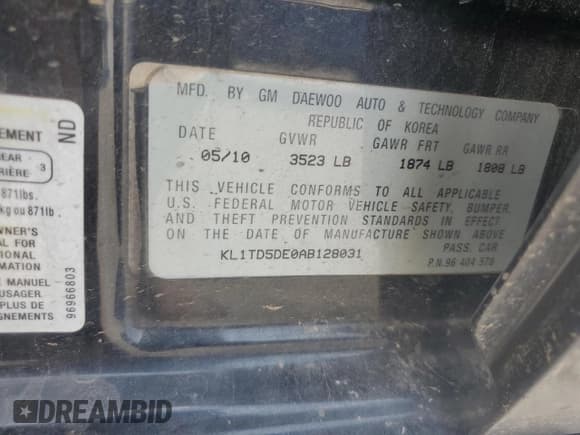 ✅ 2010 Chevrolet Aveo 1LT • VIN: KL1TD5DE0AB128031 • Lot: 51002805. Wystawiony na Copart z przebiegiem 130 402 mil. Bezpłatny archiwum sprzedaży aukcyjnych z USA i szczegółowy raport historii pojazdu na DreamBid. Zdjęcie 12.