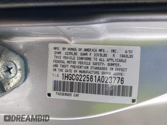 ✅ 2001 Honda Accord EX • VIN: 1HGCG22561A023776 • Lot: 43829990. Listed on IAAI with 175,418 mi. Free auction sales archive from the USA and detailed vehicle history report at DreamBid. Image 9.