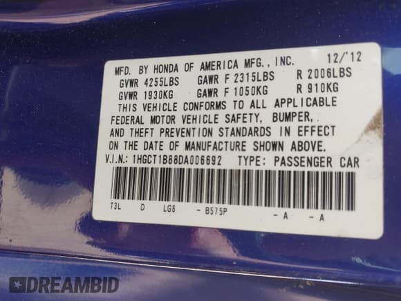 ✅ 2013 Honda Accord EX-L • VIN: 1HGCT1B88DA006692 • Lot: 42325456. Listed on IAAI with Not provided. Free auction sales archive from the USA and detailed vehicle history report at DreamBid. Image 9.