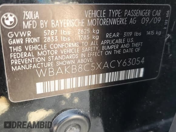 ✅ 2010 BMW 7 Series 750Li • VIN: WBAKB8C5XACY63054 • Lot: 62151355. Listed on Copart with 93,482 mi. Free auction sales archive from the USA and detailed vehicle history report at DreamBid. Image 14.