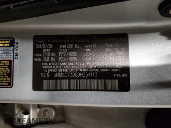 ✅ 2009 Hyundai Santa Fe GLS • VIN: 5NMSG73D89H254113 • Lot: 86950694. Listed on Copart with 153,449 mi. Free auction sales archive from the USA and detailed vehicle history report at DreamBid. Image 13.