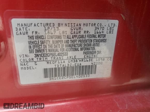 ✅ 2014 Nissan Note S Plus • VIN: 3N1CE2CP5EL402533 • Lot: 58433465. Listed on Copart with 146,232 mi. Free auction sales archive from the USA and detailed vehicle history report at DreamBid. Image 12.