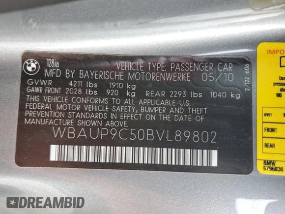 ✅ 2011 BMW 1 Series 128i • VIN: WBAUP9C50BVL89802 • Lot: 85406305. Listed on Copart with 88,297 mi. Free auction sales archive from the USA and detailed vehicle history report at DreamBid. Image 13.