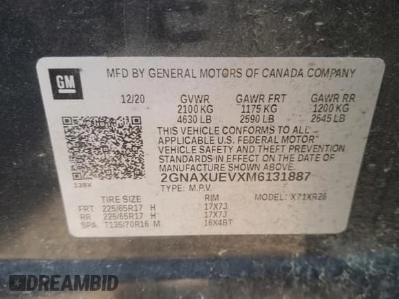 ✅ 2021 Chevrolet Equinox LT • VIN: 2GNAXUEVXM6131887 • Лот: 71956865. Опубликован ранее на Copart с пробегом 131 067 миль. Бесплатный доступ к архиву аукционных продаж из США и подробный отчёт об истории автомобиля на DreamBid. Изображение 13.