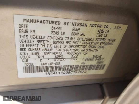 ✅ 2005 Nissan Altima S • VIN: 1N4AL11D05C157672 • Lot: 43574681. Listed on IAAI with 187,847 mi. Free auction sales archive from the USA and detailed vehicle history report at DreamBid. Image 9.