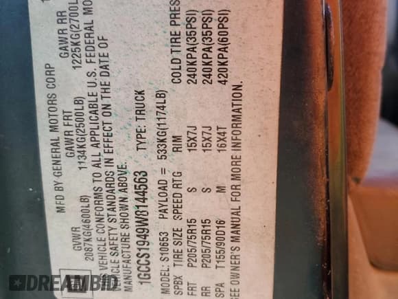 ✅ 1998 Chevrolet S-10 LS • VIN: 1GCCS1949W8144563 • Лот: 89295485. Опубликован ранее на Copart с пробегом Не указан. Бесплатный доступ к архиву аукционных продаж из США и подробный отчёт об истории автомобиля на DreamBid. Изображение 13.