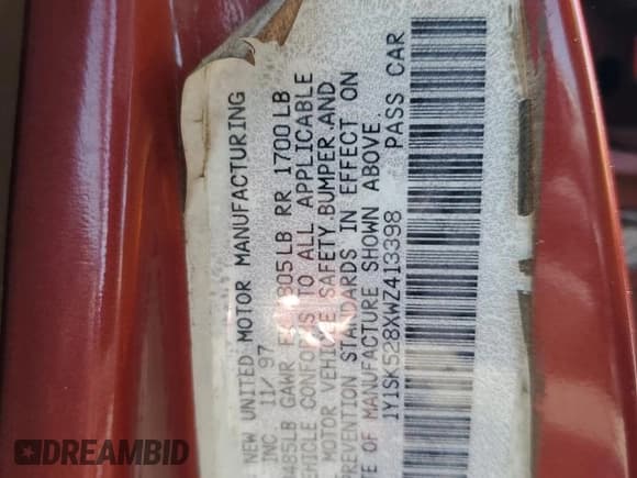 ✅ 1998 Chevrolet Prizm Lsi • VIN: 1Y1SK528XWZ413398 • Lot: 58322005. Listed on Copart with 191,792 mi. Free auction sales archive from the USA and detailed vehicle history report at DreamBid. Image 12.