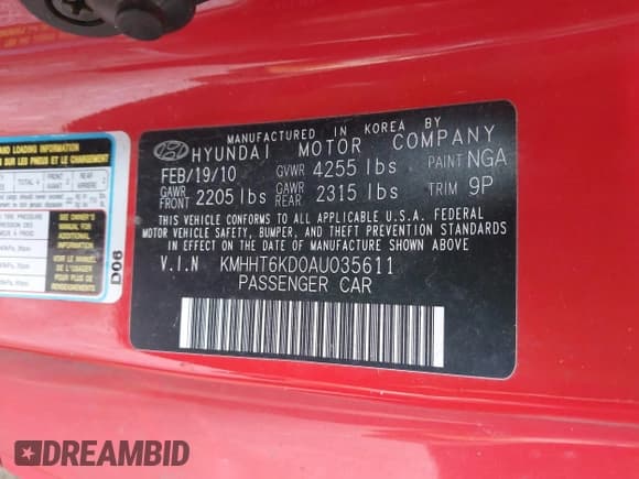 ✅ 2010 Hyundai Genesis Coupe • VIN: KMHHT6KD0AU035611 • Lot: 42024583. Listed on IAAI with 135,161 mi. Free auction sales archive from the USA and detailed vehicle history report at DreamBid. Image 9.