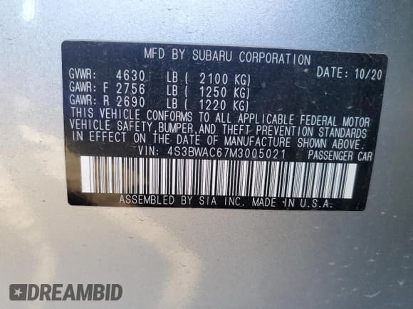 ✅ 2021 Subaru Legacy Premium • VIN: 4S3BWAC67M3005021 • Lot: 90135535. Listed on Copart with 60,439 mi. Free auction sales archive from the USA and detailed vehicle history report at DreamBid. Image 12.