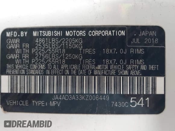 ✅ 2019 Mitsubishi Outlander SE • VIN: JA4AD3A33KZ006449 • Lot: 43737150. Listed on IAAI with 84,747 mi. Free auction sales archive from the USA and detailed vehicle history report at DreamBid. Image 9.