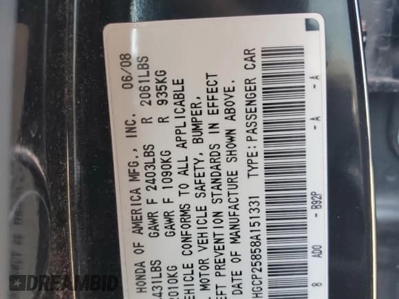 ✅ 2008 Honda Accord EX-L • VIN: 1HGCP25858A151331 • Lot: 80216145. Listed on Copart with 107,411 mi. Free auction sales archive from the USA and detailed vehicle history report at DreamBid. Image 13.