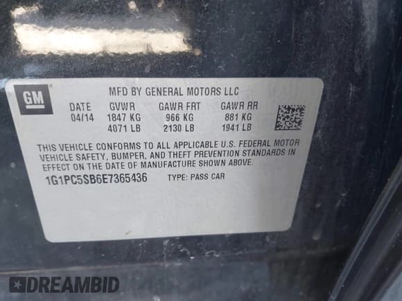 ✅ 2014 Chevrolet Cruze 1LT • VIN: 1G1PC5SB6E7365436 • Lot: 43484529. Listed on IAAI with 130,672 mi. Free auction sales archive from the USA and detailed vehicle history report at DreamBid. Image 9.