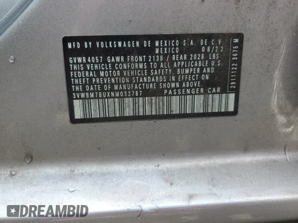 ✅ 2022 Volkswagen Jetta Sport • VIN: 3VWBM7BUXNM033787 • Lot: 68200195. Wystawiony na Copart z przebiegiem 30 337 mil. Bezpłatny archiwum sprzedaży aukcyjnych z USA i szczegółowy raport historii pojazdu na DreamBid. Zdjęcie 13.