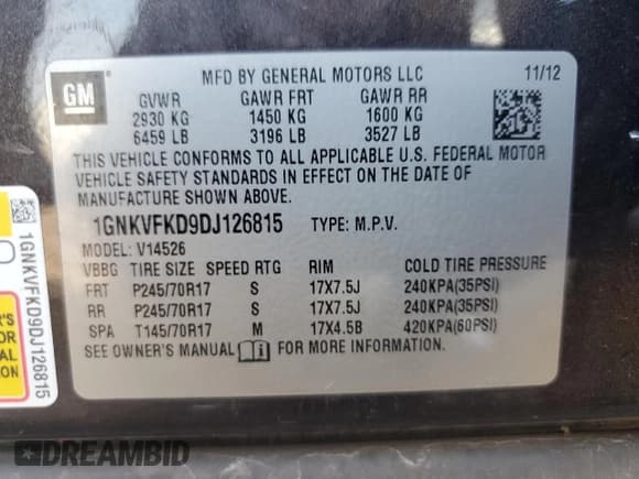 ✅ 2013 Chevrolet Traverse LS • VIN: 1GNKVFKD9DJ126815 • Lot: 63493945. Listed on Copart with 148,027 mi. Free auction sales archive from the USA and detailed vehicle history report at DreamBid. Image 13.