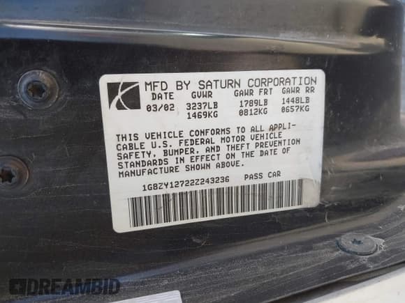 ✅ 2002 Saturn SC • VIN: 1G8ZY12722Z243236 • Лот: 42464967. Опубликован ранее на IAAI с пробегом 148 855 миль. Бесплатный доступ к архиву аукционных продаж из США и подробный отчёт об истории автомобиля на DreamBid. Изображение 9.