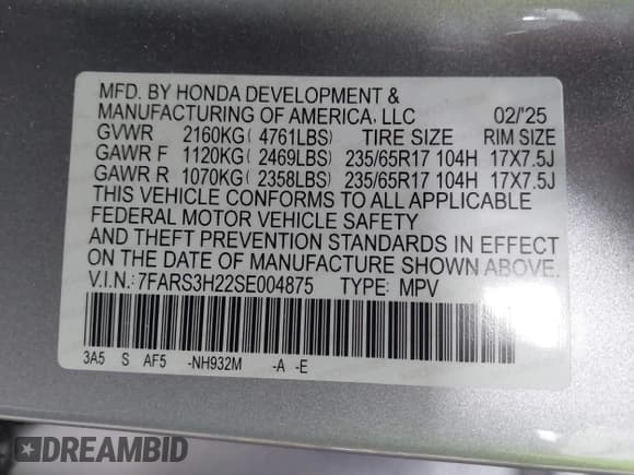 ✅ 2025 Honda CR-V LX • VIN: 7FARS3H22SE004875 • Лот: 43042618. Опубликован ранее на IAAI с пробегом 6 635 миль. Бесплатный доступ к архиву аукционных продаж из США и подробный отчёт об истории автомобиля на DreamBid. Изображение 9.
