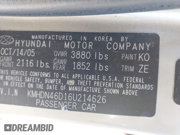 ✅ 2006 Hyundai Elantra GLS • VIN: KMHDN46D16U214626 • Lot: 43460742. Listed on IAAI with 181,872 mi. Free auction sales archive from the USA and detailed vehicle history report at DreamBid. Image 9.