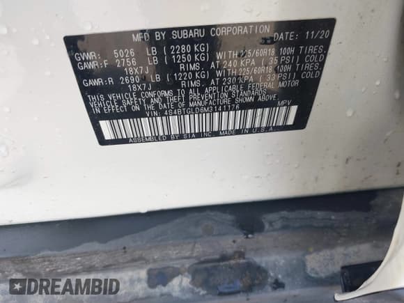 ✅ 2021 Subaru Outback Onyx XT • VIN: 4S4BTGLD6M3141176 • Lot: 42976474. Listed on IAAI with 22,255 mi. Free auction sales archive from the USA and detailed vehicle history report at DreamBid. Image 9.