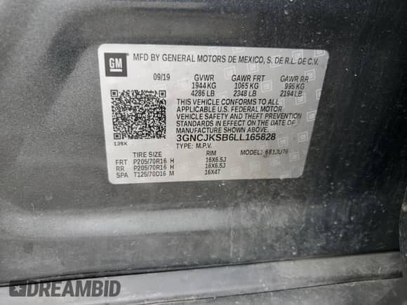 2020 Chevrolet Trax LS with VIN 3GNCJKSB6LL165828, listed as a Copart auction lot 81853005 with 110,741 mi miles and Salvage title. Bid and sale history available at DreamBid. Image 13.