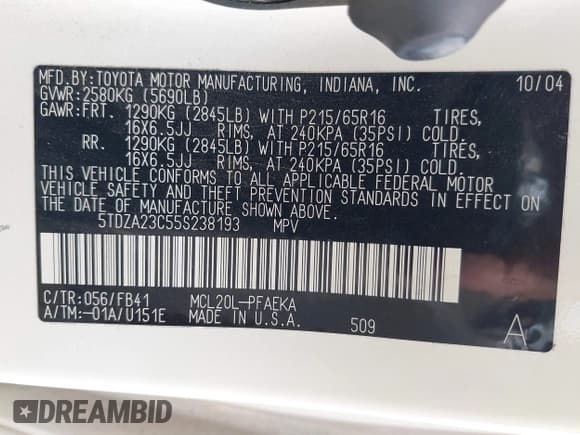 ✅ 2005 Toyota Sienna CE • VIN: 5TDZA23C55S238193 • Lot: 42804041. Listed on IAAI with 239,042 mi. Free auction sales archive from the USA and detailed vehicle history report at DreamBid. Image 9.