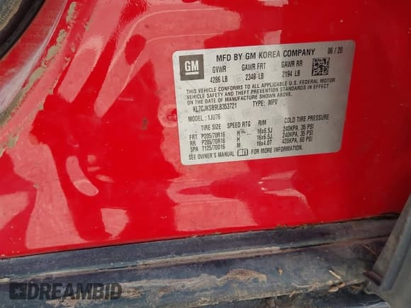 ✅ 2020 Chevrolet Trax LS • VIN: KL7CJKSB9LB353721 • Lot: 41987811. Wystawiony na IAAI z przebiegiem Nie podano. Bezpłatny archiwum sprzedaży aukcyjnych z USA i szczegółowy raport historii pojazdu na DreamBid. Zdjęcie 9.