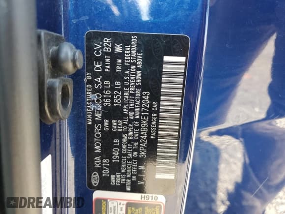 ✅ 2019 Kia Rio LX • VIN: 3KPA24AB9KE172043 • Lot: 71728055. Wystawiony na Copart z przebiegiem 84 863 mil. Bezpłatny archiwum sprzedaży aukcyjnych z USA i szczegółowy raport historii pojazdu na DreamBid. Zdjęcie 12.