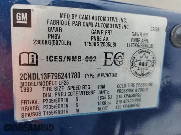 ✅ 2009 Chevrolet Equinox LS • VIN: 2CNDL13F796241780 • Лот: 87925405. Опубликован ранее на Copart с пробегом Не указан. Бесплатный доступ к архиву аукционных продаж из США и подробный отчёт об истории автомобиля на DreamBid. Изображение 14.