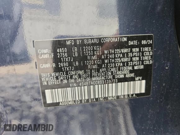 ✅ 2025 Subaru Outback Premium • VIN: 4S4BTACC8S3139723 • Lot: 86884225. Listed on Copart with Not provided. Free auction sales archive from the USA and detailed vehicle history report at DreamBid. Image 13.