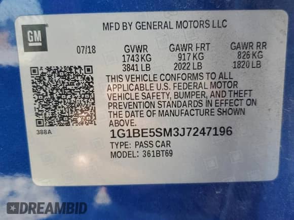 2018 Chevrolet Cruze LT z VIN 1G1BE5SM3J7247196, wystawiony jako Copart lot #71888795 z przebiegiem 88 509 mil mil oraz Szkoda całkowita • Salvage title. Historia ofert i sprzedaży dostępna na DreamBid. Obrazek 12.