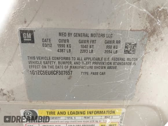 ✅ 2012 Chevrolet Malibu 1LT • VIN: 1G1ZC5EU6CF307657 • Lot: 43409836. Listed on IAAI with 149,353 mi. Free auction sales archive from the USA and detailed vehicle history report at DreamBid. Image 9.