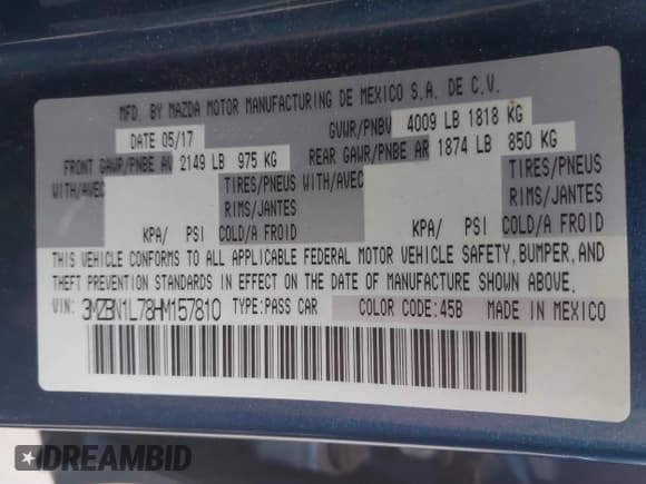 ✅ 2017 Mazda 3 Touring • VIN: 3MZBN1L78HM157810 • Lot: 41229705. Listed on IAAI with 118,654 mi. Free auction sales archive from the USA and detailed vehicle history report at DreamBid. Image 9.