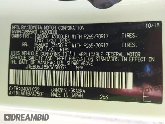 ✅ 2019 Toyota 4Runner SR5 Premium • VIN: JTEBU5JR5K5638057 • Lot: 43451412. Wystawiony na IAAI z przebiegiem 102 658 mil. Bezpłatny archiwum sprzedaży aukcyjnych z USA i szczegółowy raport historii pojazdu na DreamBid. Zdjęcie 9.