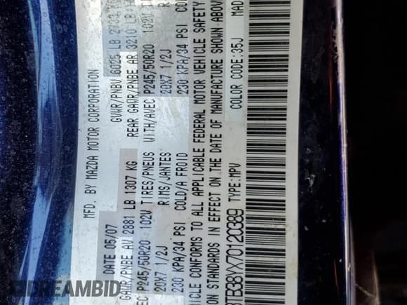 ✅ 2007 Mazda CX-9 Sport • VIN: JM3TB38YX70120389 • Лот: 45183795. Опубликован ранее на Copart с пробегом 212 330 миль. Бесплатный доступ к архиву аукционных продаж из США и подробный отчёт об истории автомобиля на DreamBid. Изображение 13.