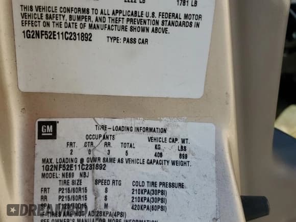 ✅ 2001 Pontiac Grand Am SE1 • VIN: 1G2NF52E11C231892 • Лот: 91092645. Опубликован ранее на Copart с пробегом 95 456 миль. Бесплатный доступ к архиву аукционных продаж из США и подробный отчёт об истории автомобиля на DreamBid. Изображение 12.