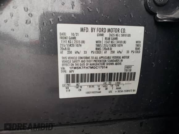 2021 Ford Explorer Limited z VIN 1FMSK7FH7MGC17014, wystawiony jako Copart lot #81700125 z przebiegiem 48 860 mil mil oraz Szkoda całkowita • Salvage title. Historia ofert i sprzedaży dostępna na DreamBid. Obrazek 13.