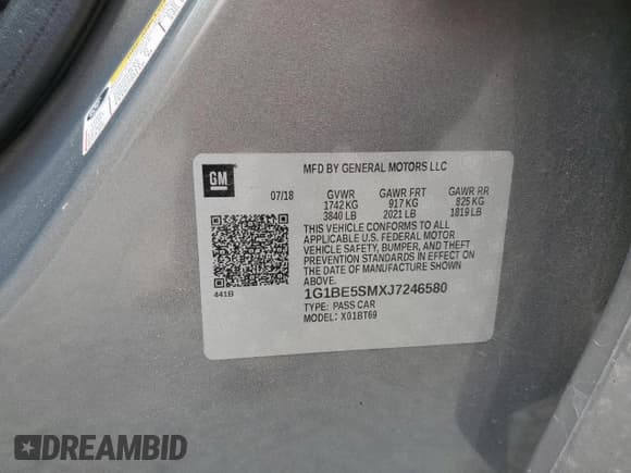 ✅ 2018 Chevrolet Cruze LT • VIN: 1G1BE5SMXJ7246580 • Lot: 81863505. Listed on Copart with 93,506 mi. Free auction sales archive from the USA and detailed vehicle history report at DreamBid. Image 12.