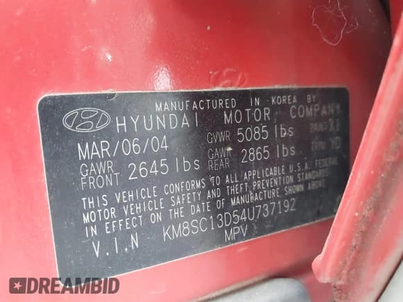 ✅ 2004 Hyundai Santa Fe GLS • VIN: KM8SC13D54U737192 • Lot: 43079988. Listed on IAAI with 208,616 mi. Free auction sales archive from the USA and detailed vehicle history report at DreamBid. Image 9.