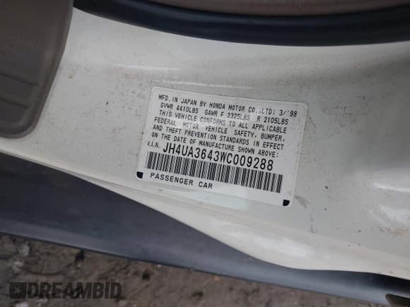 ✅ 1998 Acura TL • VIN: JH4UA3643WC009288 • Lot: 43770341. Listed on IAAI with 62,031 mi. Free auction sales archive from the USA and detailed vehicle history report at DreamBid. Image 9.