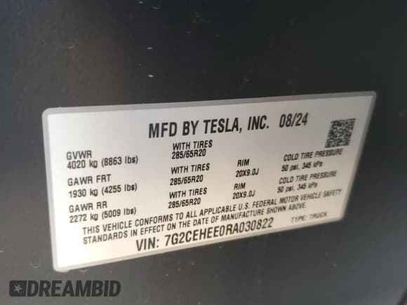 ✅ 2024 Tesla Cybertruck Cyberbeast • VIN: 7G2CEHEE0RA030822 • Lot: 57177875. Listed on Copart with 14,625 mi. Free auction sales archive from the USA and detailed vehicle history report at DreamBid. Image 13.