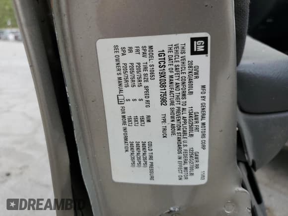 ✅ 2003 GMC Sonoma SLS • VIN: 1GTCS19X038175982 • Lot: 53650955. Wystawiony na Copart z przebiegiem Nie podano. Bezpłatny archiwum sprzedaży aukcyjnych z USA i szczegółowy raport historii pojazdu na DreamBid. Zdjęcie 12.