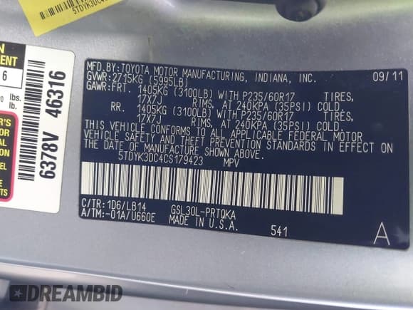 ✅ 2012 Toyota Sienna XLE AAS • VIN: 5TDYK3DC4CS179423 • Lot: 43422649. Listed on IAAI with 131,060 mi. Free auction sales archive from the USA and detailed vehicle history report at DreamBid. Image 9.