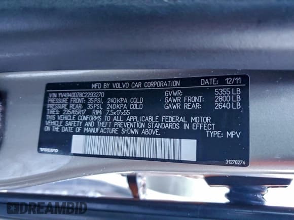 ✅ 2012 Volvo XC60 PZEV • VIN: YV4940DZ8C2293270 • Lot: 93994365. Listed on Copart with 143,973 mi. Free auction sales archive from the USA and detailed vehicle history report at DreamBid. Image 13.