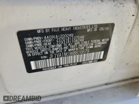 ✅ 2017 Subaru WRX Limited • VIN: JF1VA1N69H8816679 • Lot: 68506175. Listed on Copart with 288,664 mi. Free auction sales archive from the USA and detailed vehicle history report at DreamBid. Image 12.