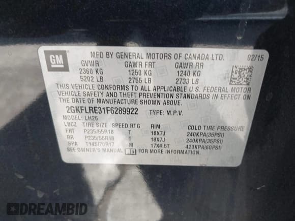 ✅ 2015 GMC Terrain SLE • VIN: 2GKFLRE31F6289922 • Lot: 43034597. Listed on IAAI with 139,963 mi. Free auction sales archive from the USA and detailed vehicle history report at DreamBid. Image 9.