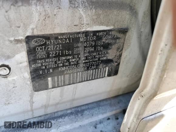 2022 Hyundai Ioniq Limited с VIN KMHC05LC9NU277077, выставлен на аукционе Copart как лот 43608305 с пробегом Не указан миль и На запчасти • Non repairable. История ставок и продаж доступна на DreamBid. Изображение 12.