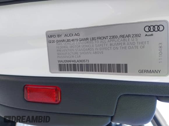 ✅ 2020 Audi A4 Premium • VIN: WAUGMAF46LA060573 • Lot: 42444134. Listed on IAAI with 65,115 mi. Free auction sales archive from the USA and detailed vehicle history report at DreamBid. Image 9.