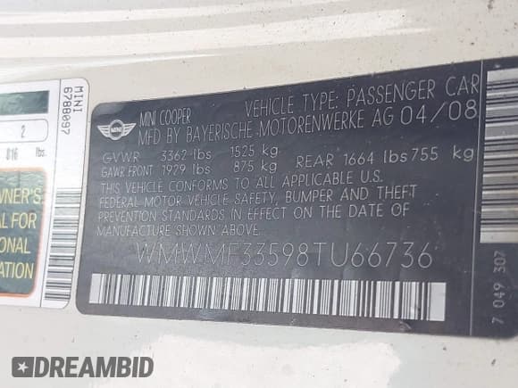 ✅ 2008 MINI Hardtop • VIN: WMWMF33598TU66736 • Lot: 42118994. Listed on IAAI with 136,569 mi. Free auction sales archive from the USA and detailed vehicle history report at DreamBid. Image 9.