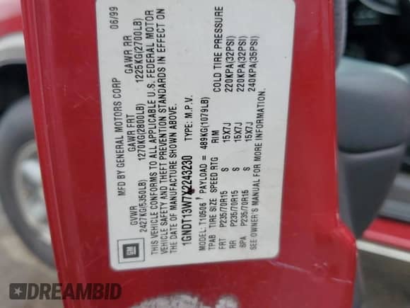 1999 Chevrolet Blazer LT with VIN 1GNDT13W7X2243230, listed as a Copart auction lot 57298805 with 230,907 mi miles and Salvage title. Bid and sale history available at DreamBid. Image 13.