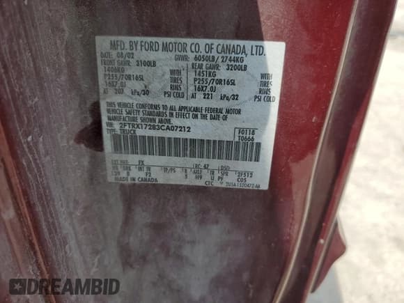 ✅ 2003 Ford F-150 XL • VIN: 2FTRX17283CA07212 • Lot: 69354025. Listed on Copart with 184,321 mi. Free auction sales archive from the USA and detailed vehicle history report at DreamBid. Image 12.